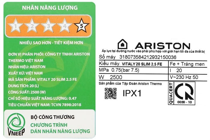 Bình nóng lạnh Ariston 20 lít VITALY 20 SLIM 2.5 FE